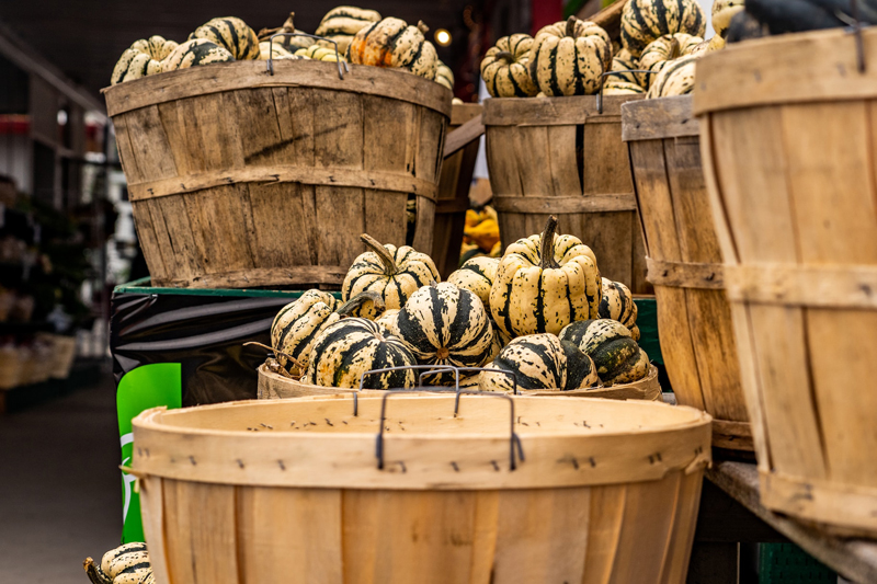 Large, open baskets may be used during harvest season, or, to hold items that can be left in the open