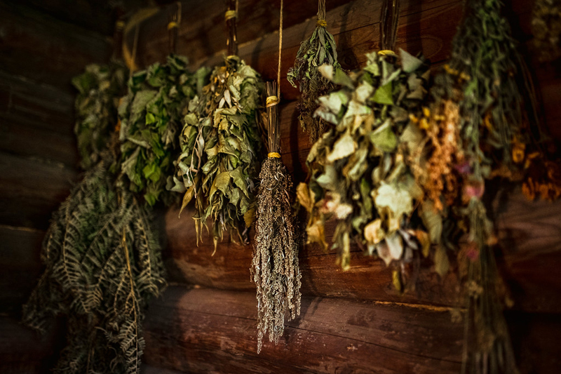 Dried herbs may be hung from unused space along the walls, or, from the ceiling
